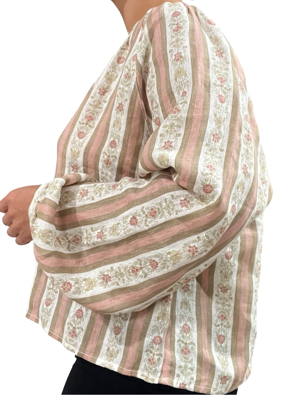 Joie 100% Linen Pink Floral Stripe Balloon Sleeve Peasant Blouse M NWT - Picture 4 of 11